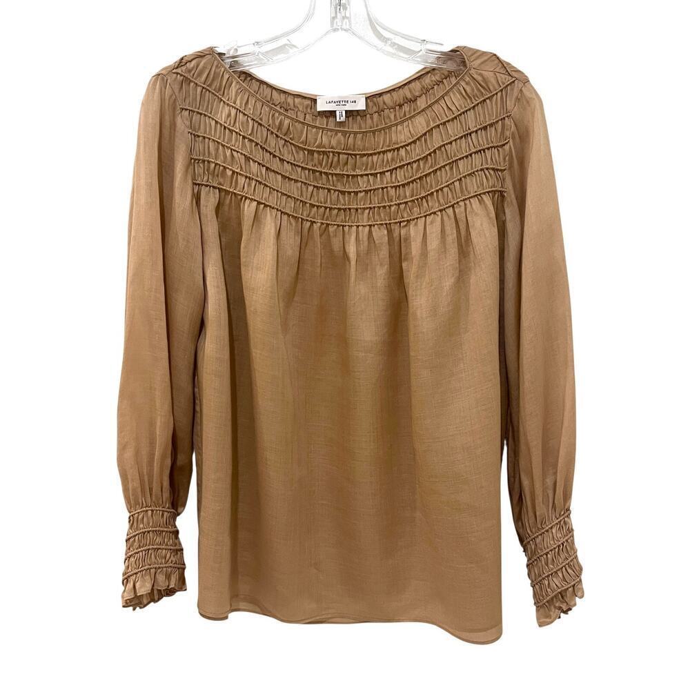 LAFAYETTE 148 NEW YORK Paley Smocked Blouse in Honey/Gold Smock Size Sma…